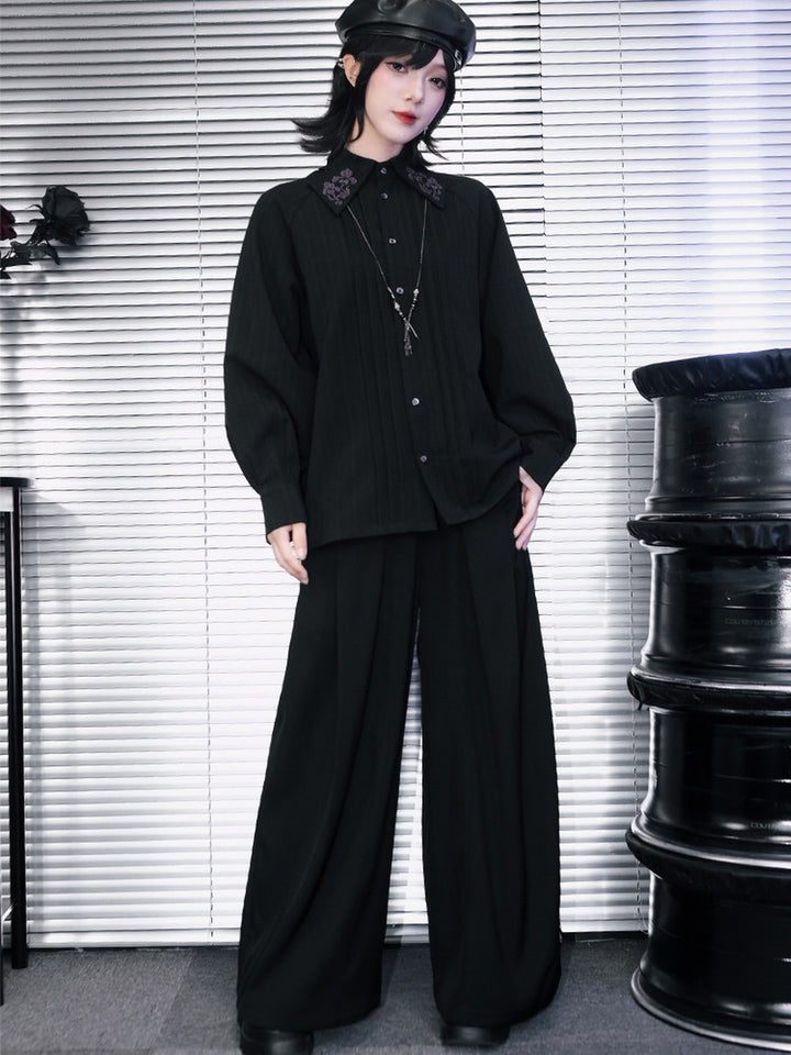 Black Iris Embroidered Paneled Wide-Leg Pants
