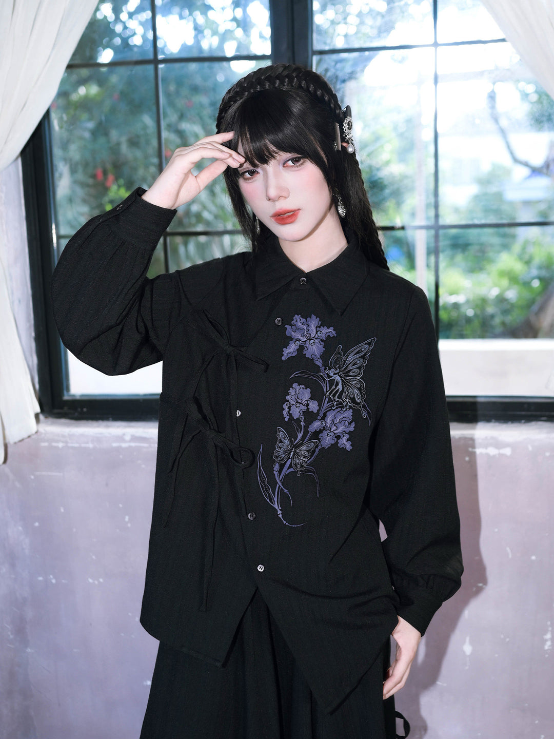 Black Iris Fairy Print Asymmetric Tie-Front Shirt