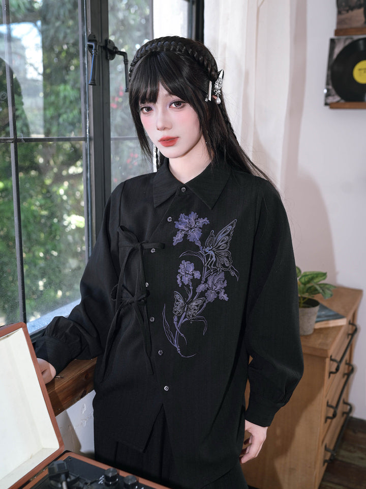 Black Iris Fairy Print Asymmetric Tie-Front Shirt