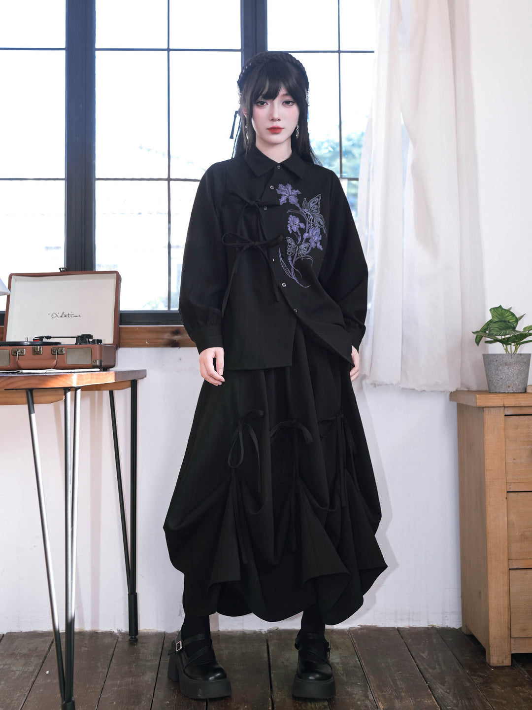Black Iris Fairy Print Asymmetric Tie-Front Shirt