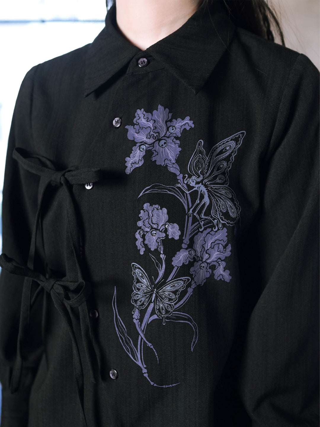 Black Iris Fairy Print Asymmetric Tie-Front Shirt