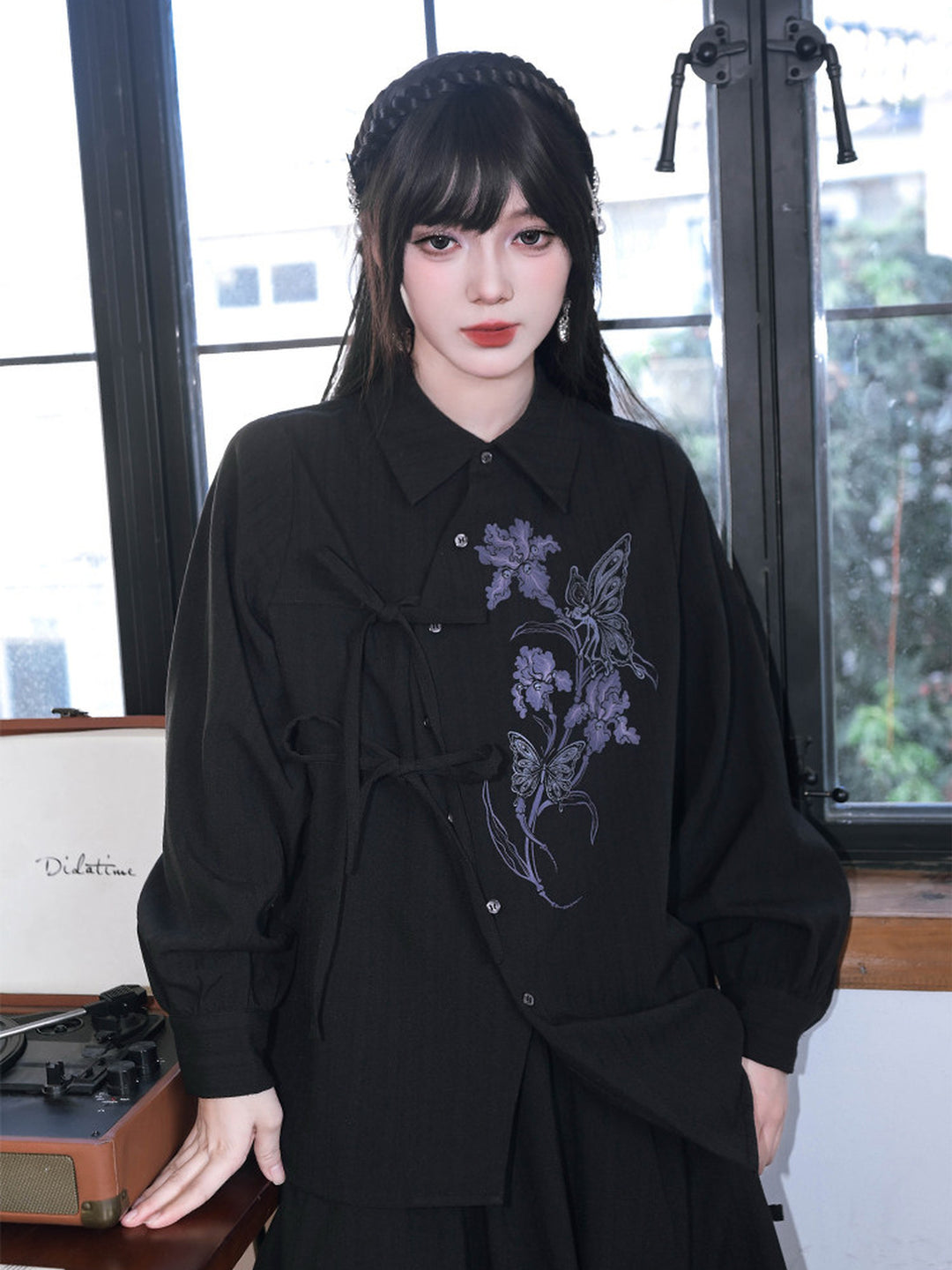 Black Iris Fairy Print Asymmetric Tie-Front Shirt
