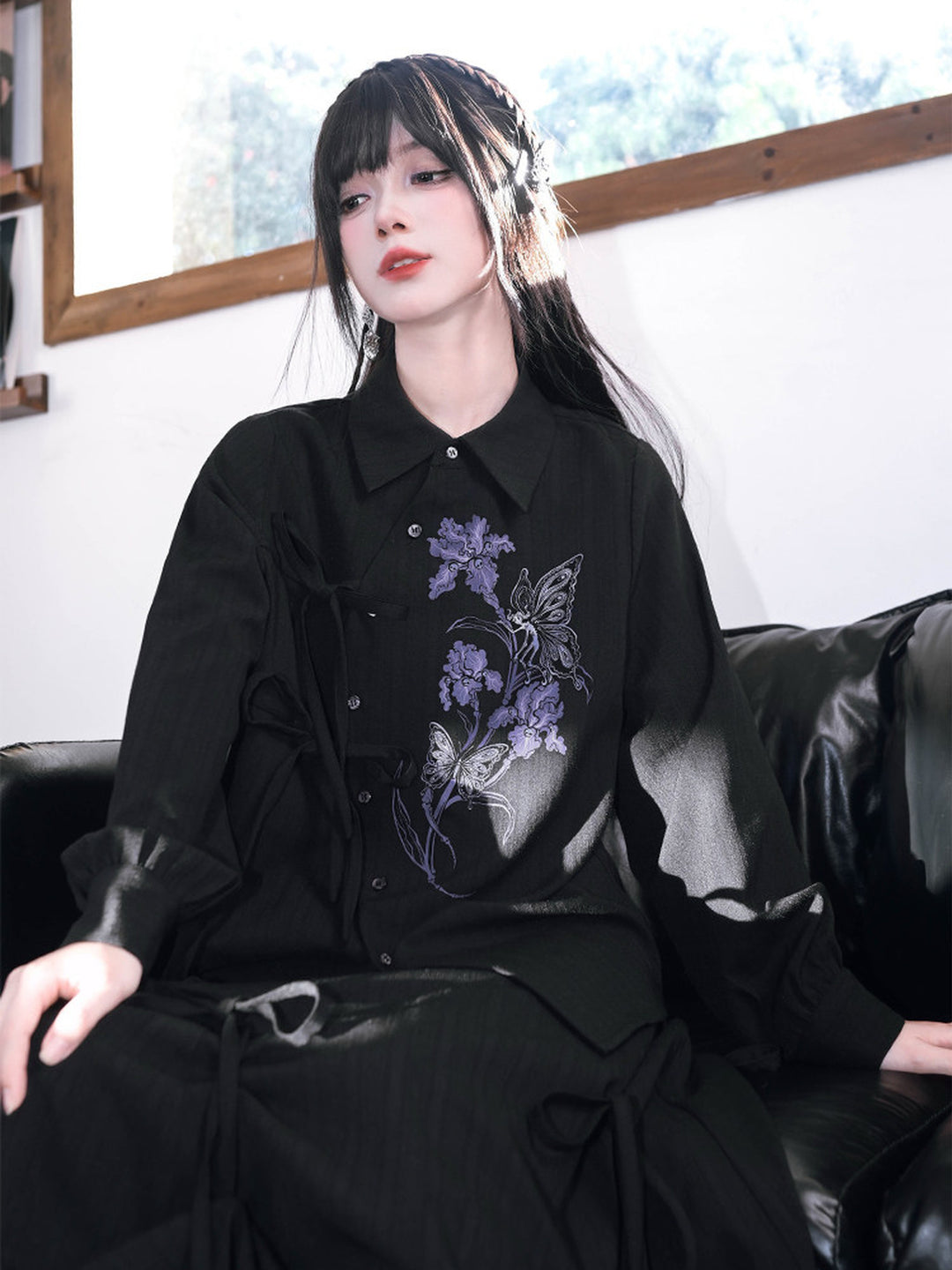 Black Iris Fairy Print Asymmetric Tie-Front Shirt