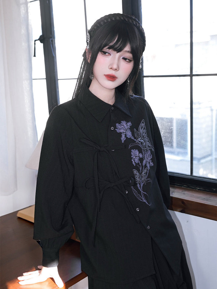 Black Iris Fairy Print Asymmetric Tie-Front Shirt