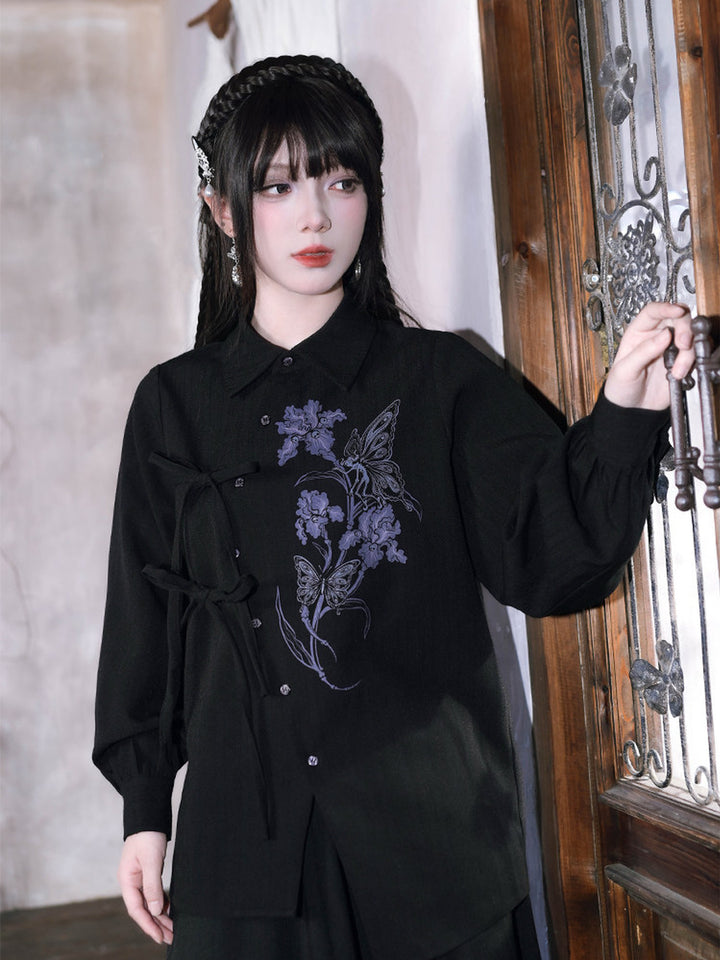 Black Iris Fairy Print Asymmetric Tie-Front Shirt