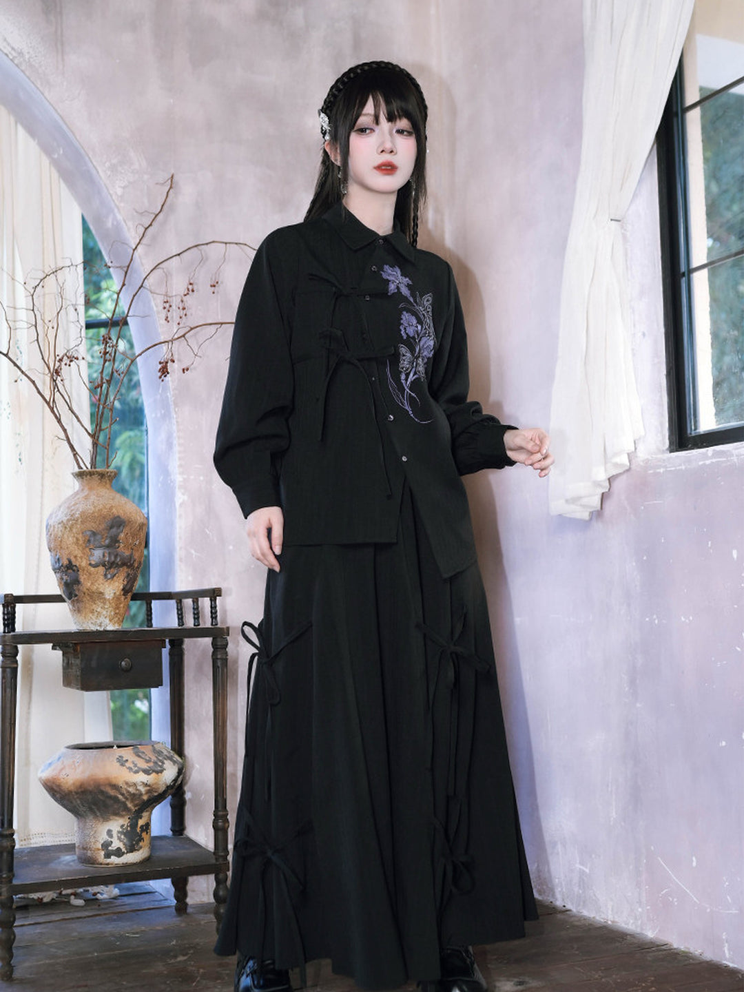 Black Iris Fairy Print Asymmetric Tie-Front Shirt