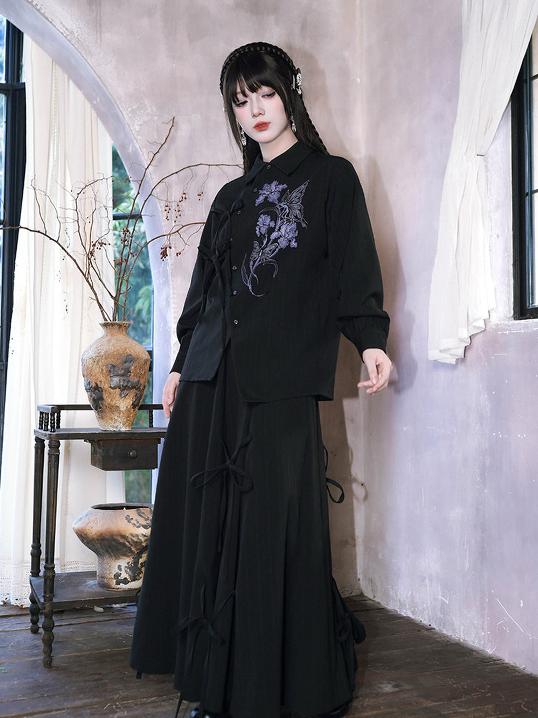 Black Iris Fairy Print Asymmetric Tie-Front Shirt