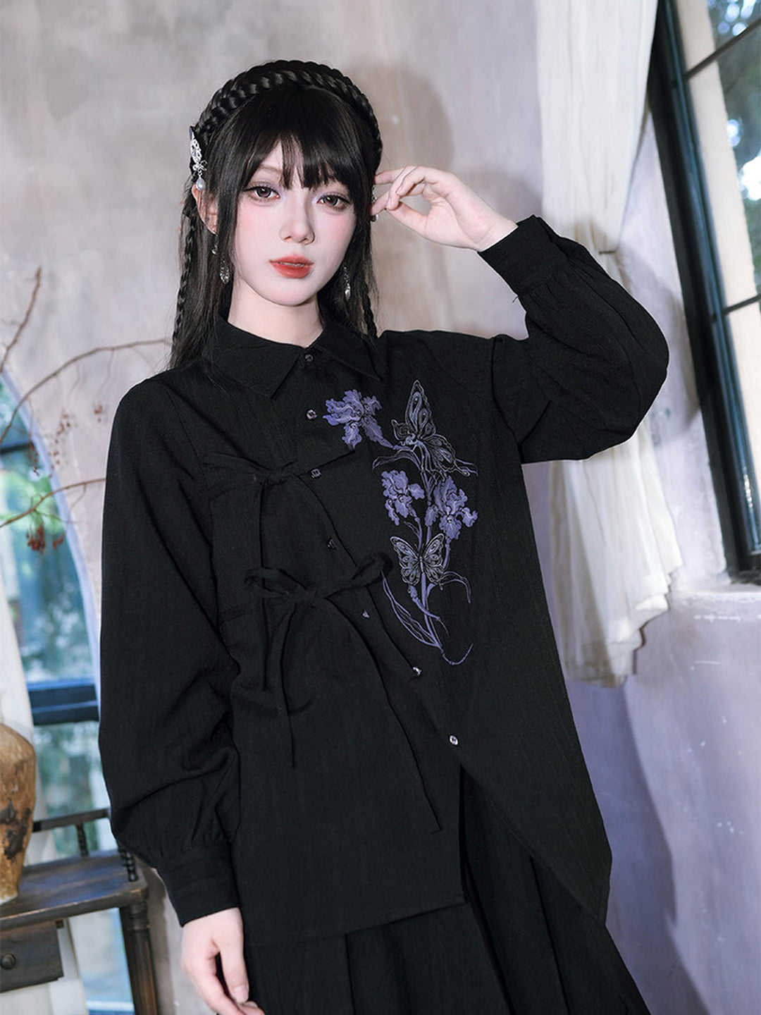 Black Iris Fairy Print Asymmetric Tie-Front Shirt