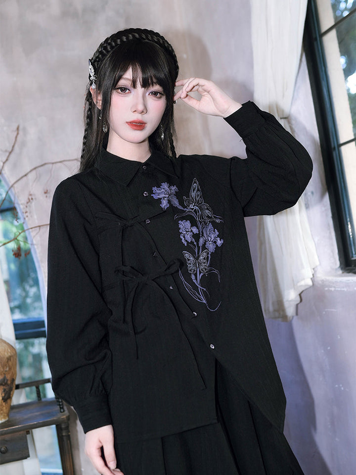 Black Iris Fairy Print Asymmetric Tie-Front Shirt