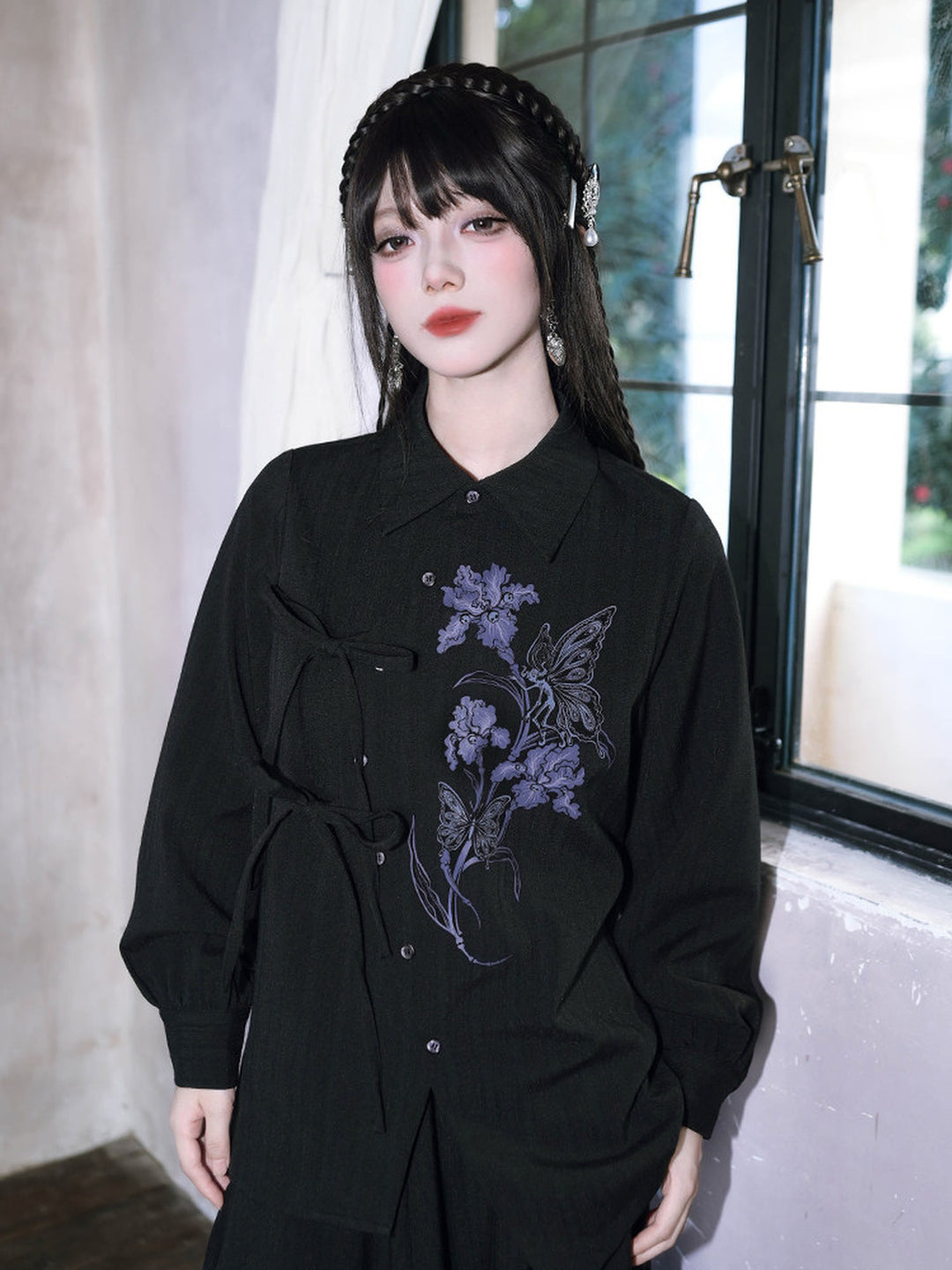 Black Iris Fairy Print Asymmetric Tie-Front Shirt