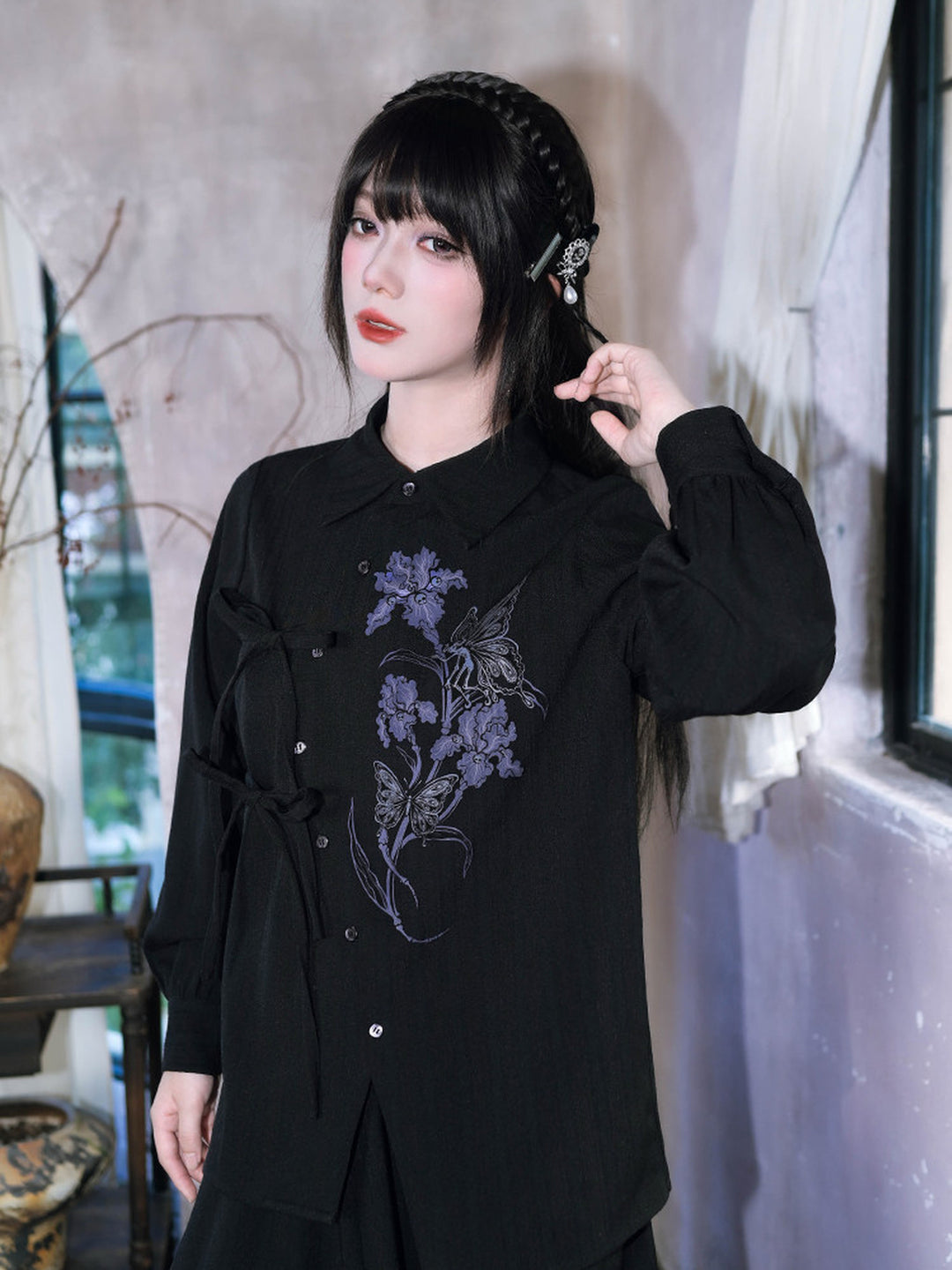 Black Iris Fairy Print Asymmetric Tie-Front Shirt