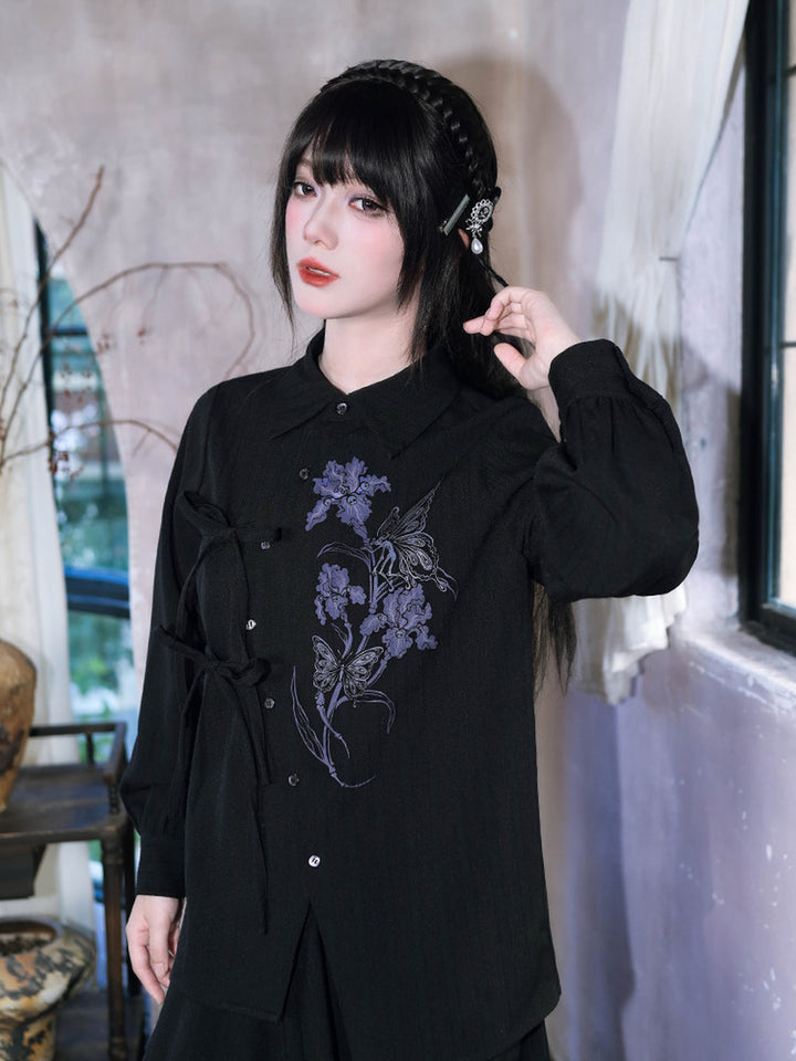 Black Iris Fairy Print Asymmetric Tie-Front Shirt