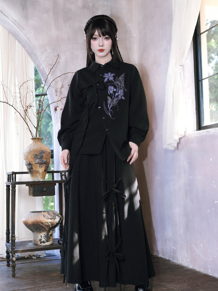 Black Iris Fairy Print Asymmetric Tie-Front Shirt