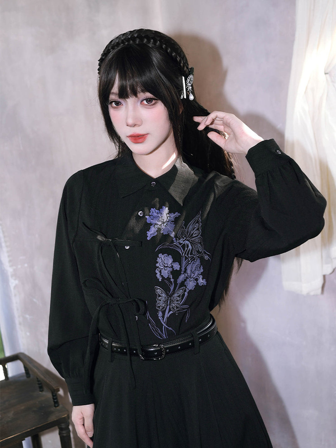 Black Iris Fairy Print Asymmetric Tie-Front Shirt