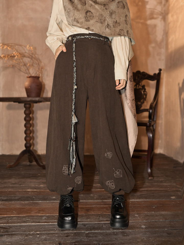 Brown Leaf Print Corduroy Balloon Pants