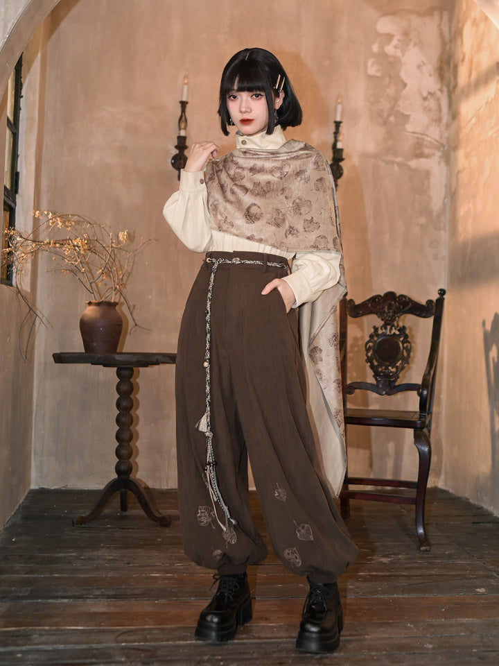 Brown Leaf Print Corduroy Balloon Pants