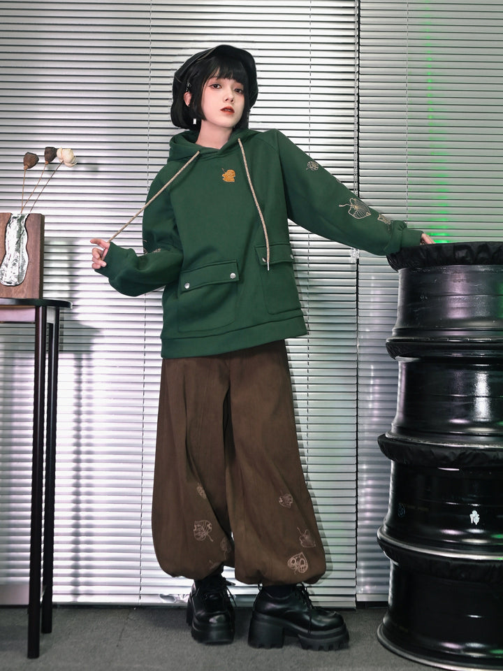 Brown Leaf Print Corduroy Balloon Pants