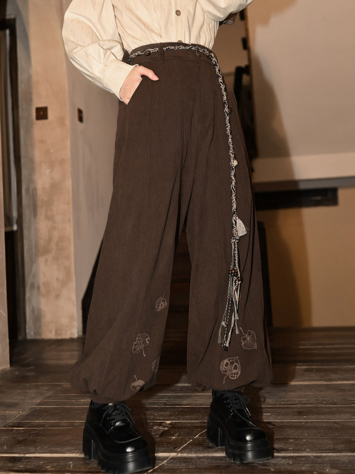 Brown Leaf Print Corduroy Balloon Pants
