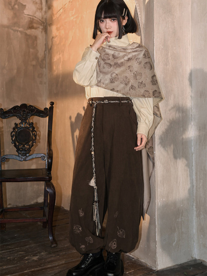 Brown Leaf Print Corduroy Balloon Pants