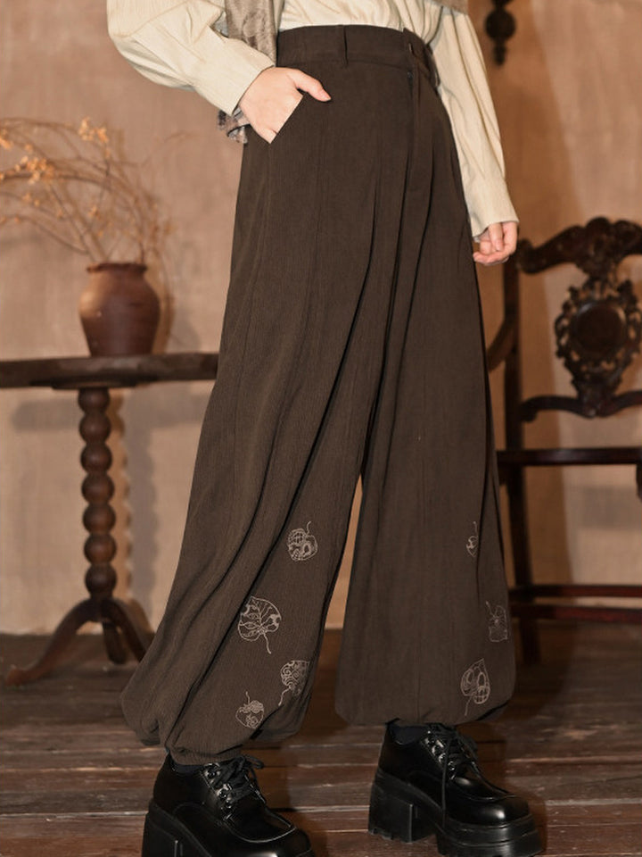 Brown Leaf Print Corduroy Balloon Pants