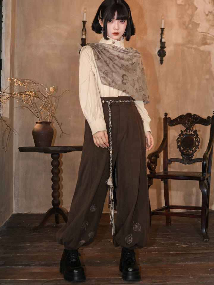 Brown Leaf Print Corduroy Balloon Pants