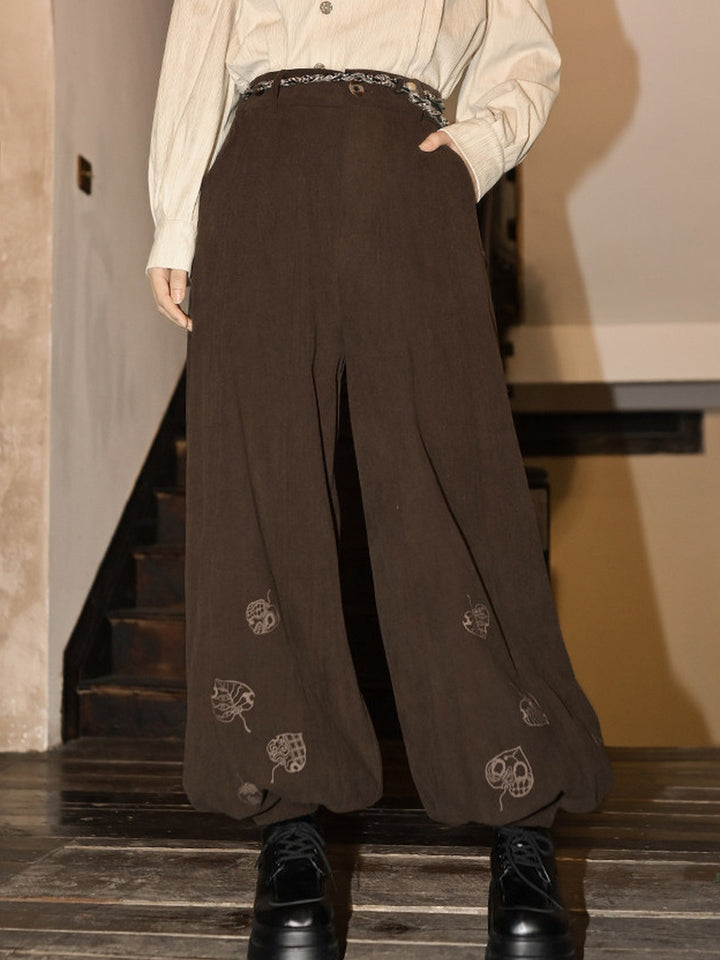 Brown Leaf Print Corduroy Balloon Pants