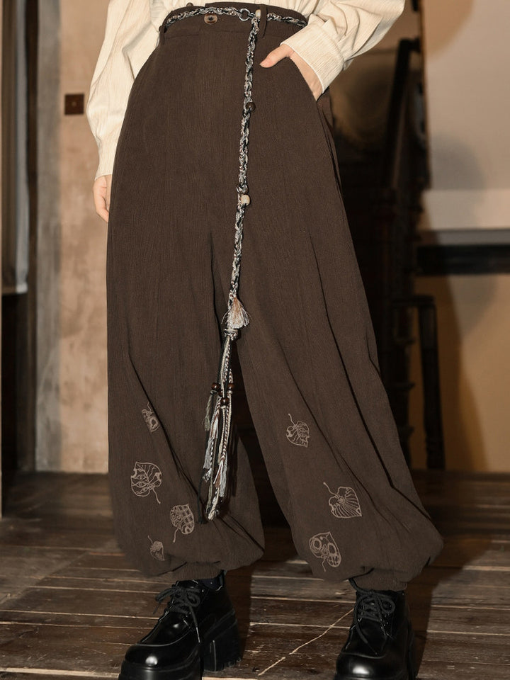 Brown Leaf Print Corduroy Balloon Pants