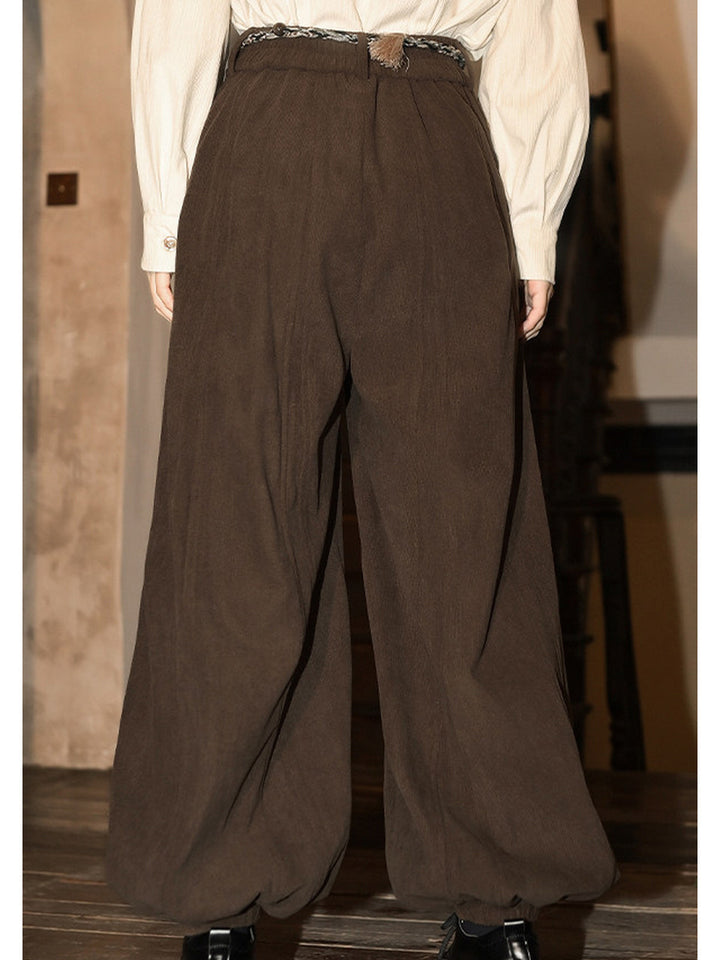 Brown Leaf Print Corduroy Balloon Pants