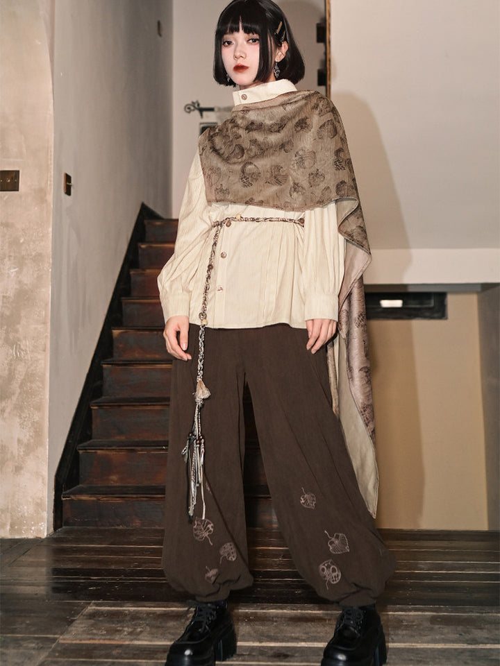 Brown Leaf Print Corduroy Balloon Pants