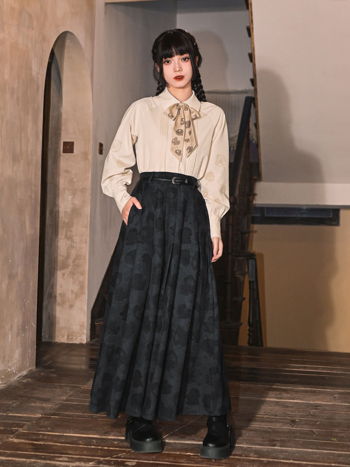 Navy Leaf Print High-Waist Pleated Maxi Skirt