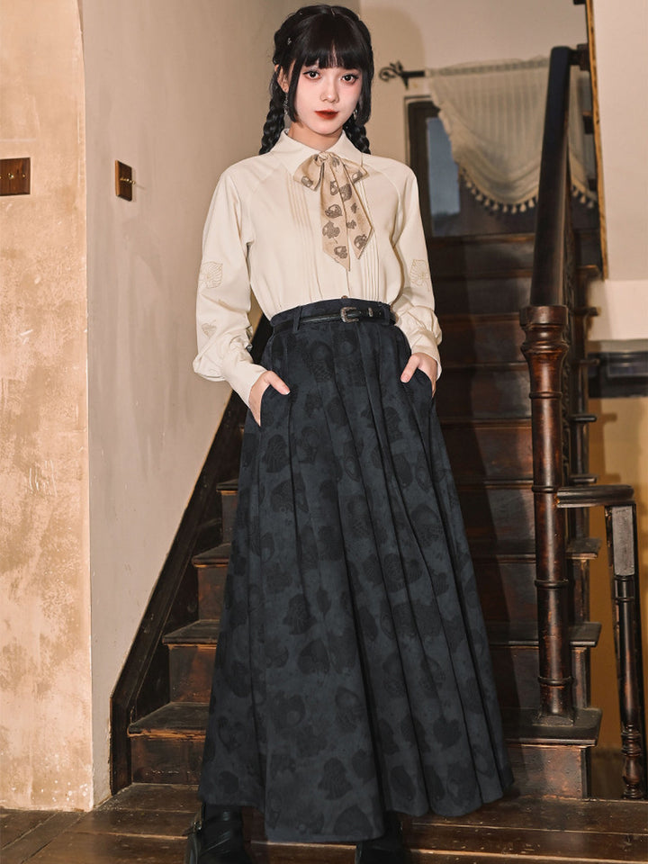 Navy Leaf Print High-Waist Pleated Maxi Skirt