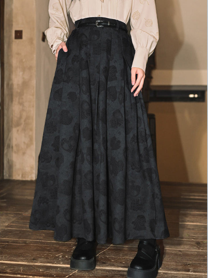 Navy Leaf Print High-Waist Pleated Maxi Skirt