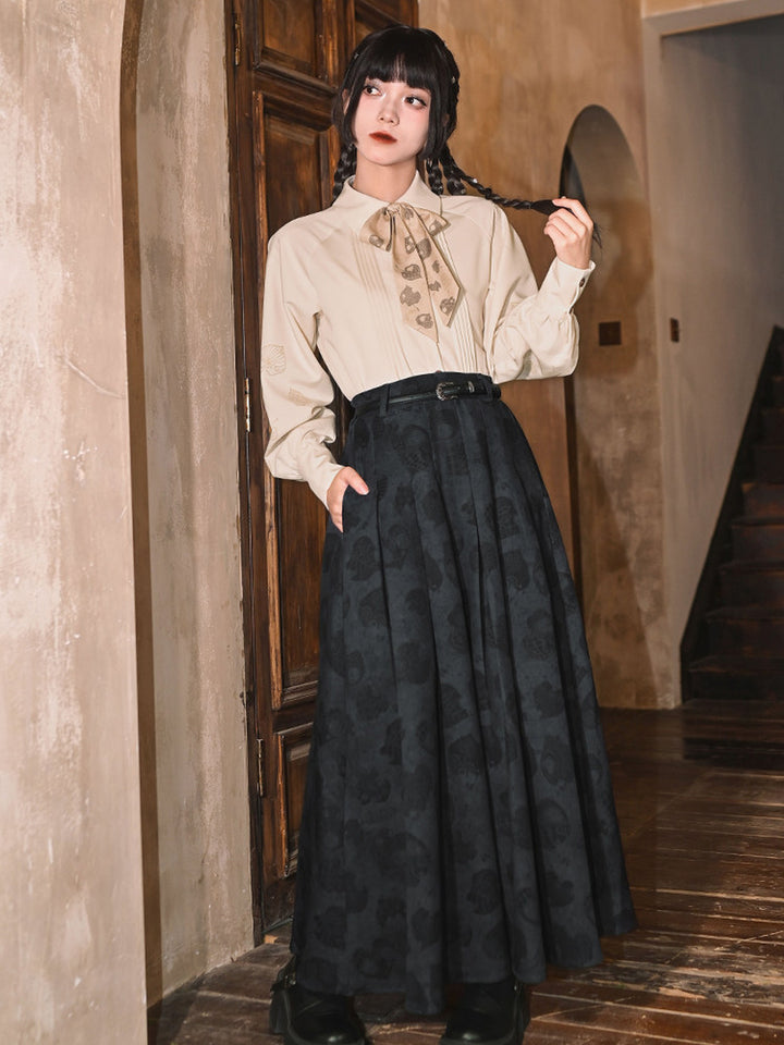Navy Leaf Print High-Waist Pleated Maxi Skirt