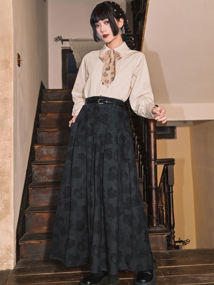 Navy Leaf Print High-Waist Pleated Maxi Skirt