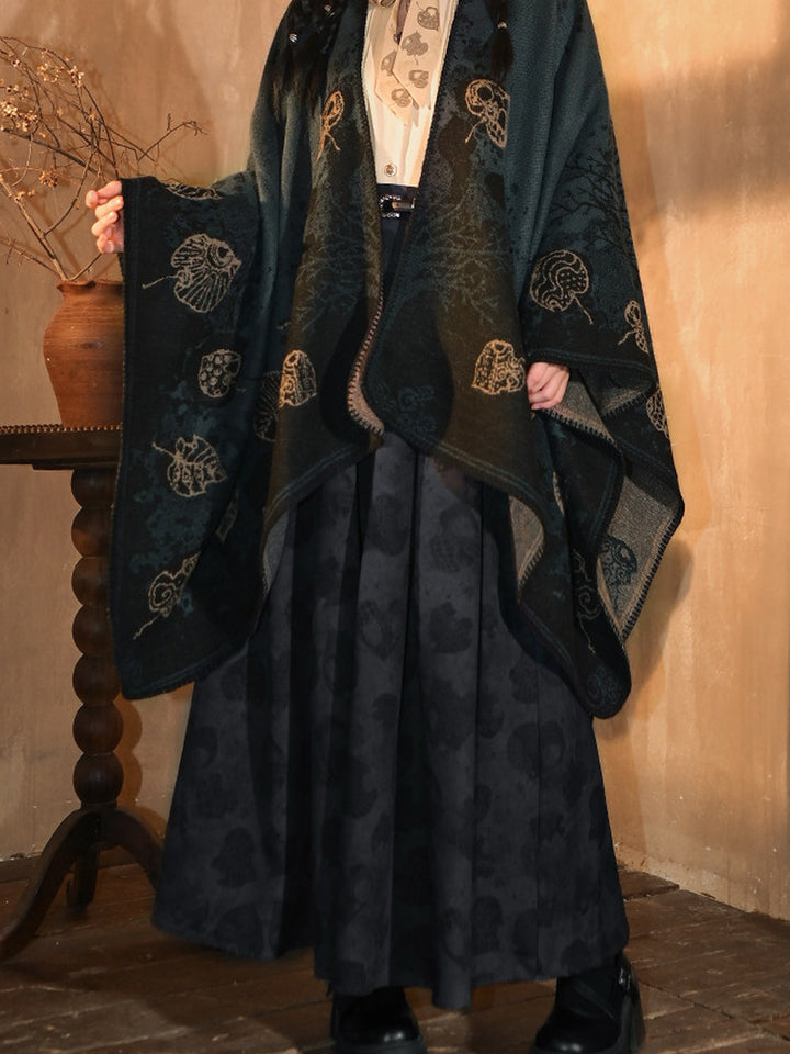 Navy Leaf Print High-Waist Pleated Maxi Skirt
