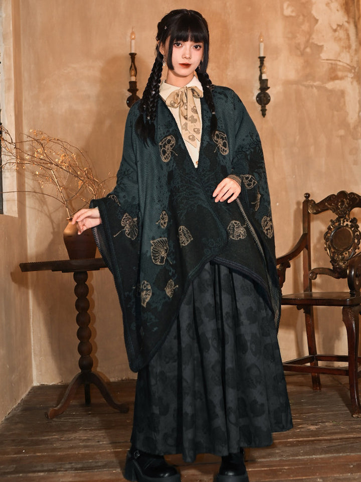 Navy Leaf Print High-Waist Pleated Maxi Skirt