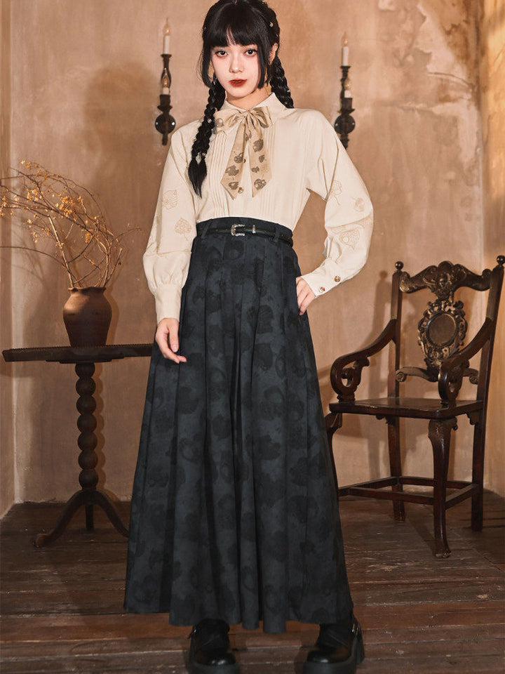 Navy Leaf Print High-Waist Pleated Maxi Skirt