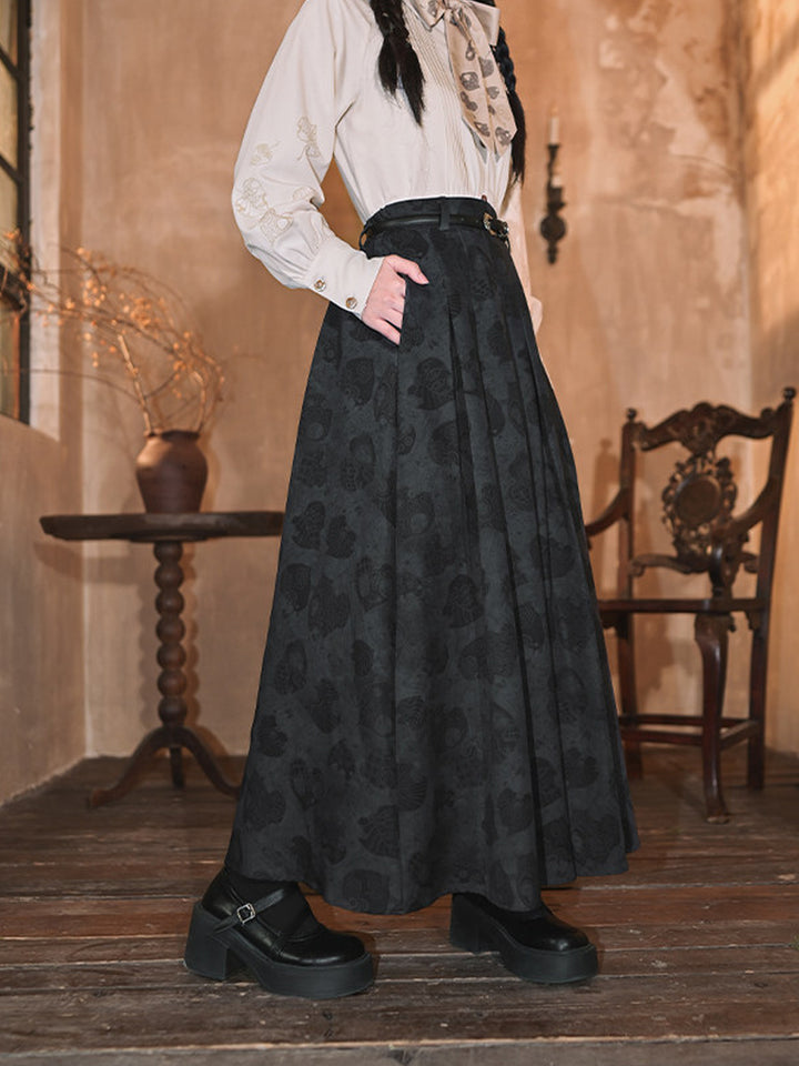 Navy Leaf Print High-Waist Pleated Maxi Skirt