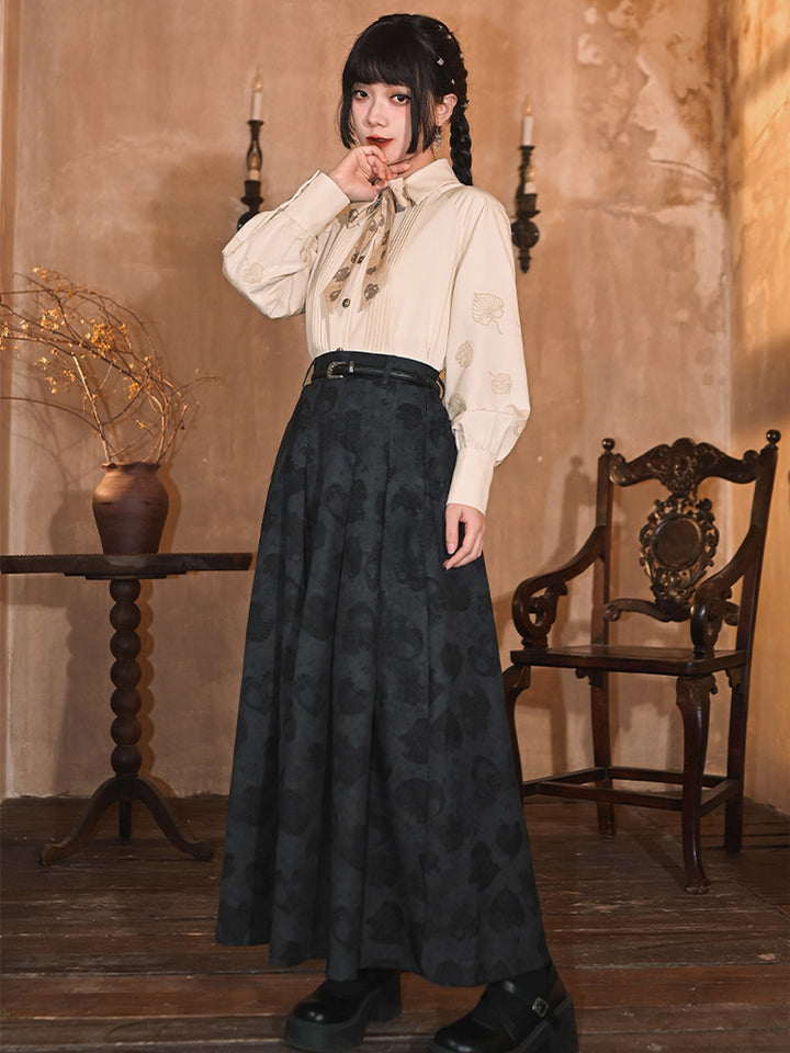 Navy Leaf Print High-Waist Pleated Maxi Skirt