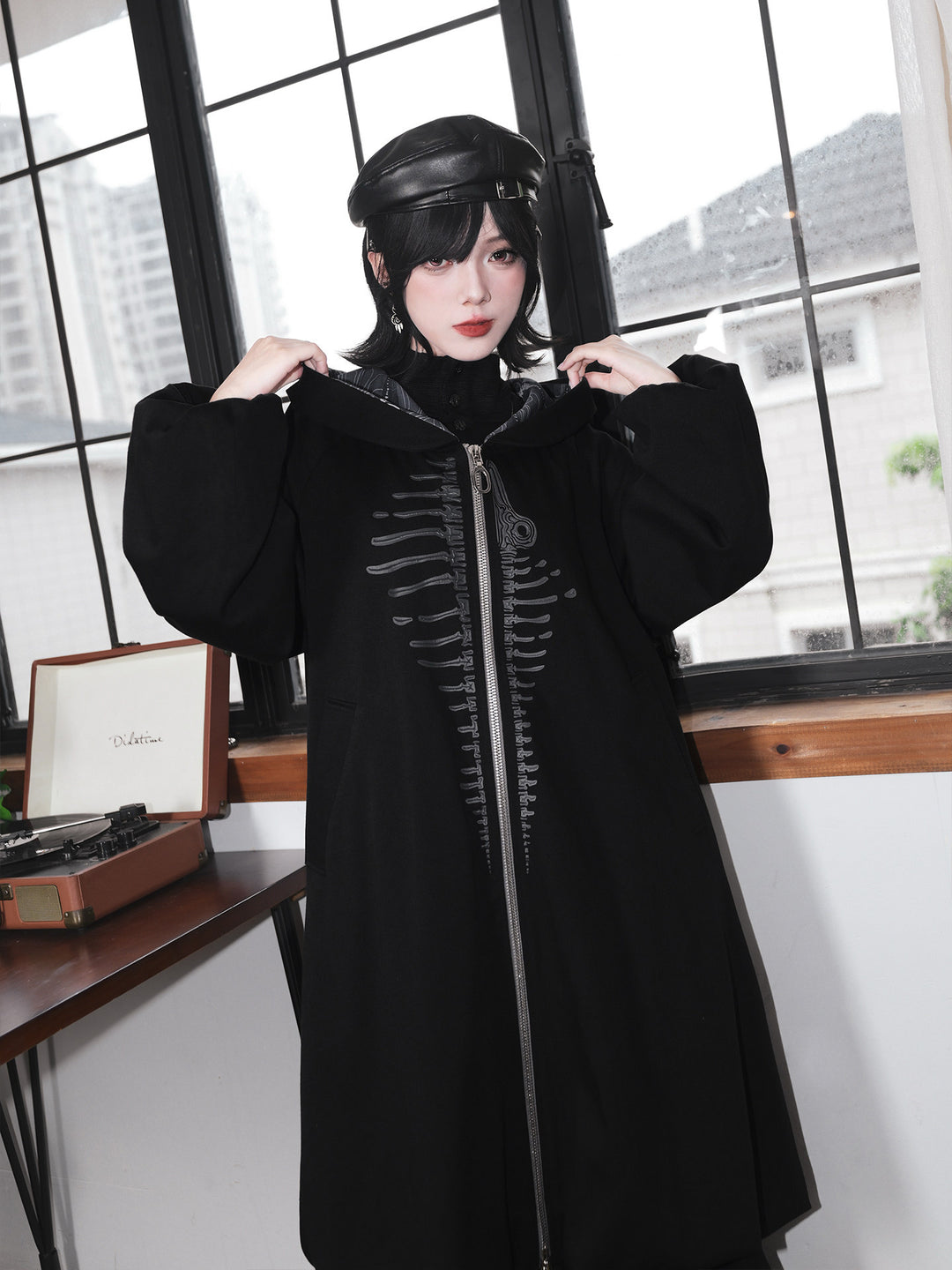 Black Raised Whale Skeleton Hooded Longline Jacket