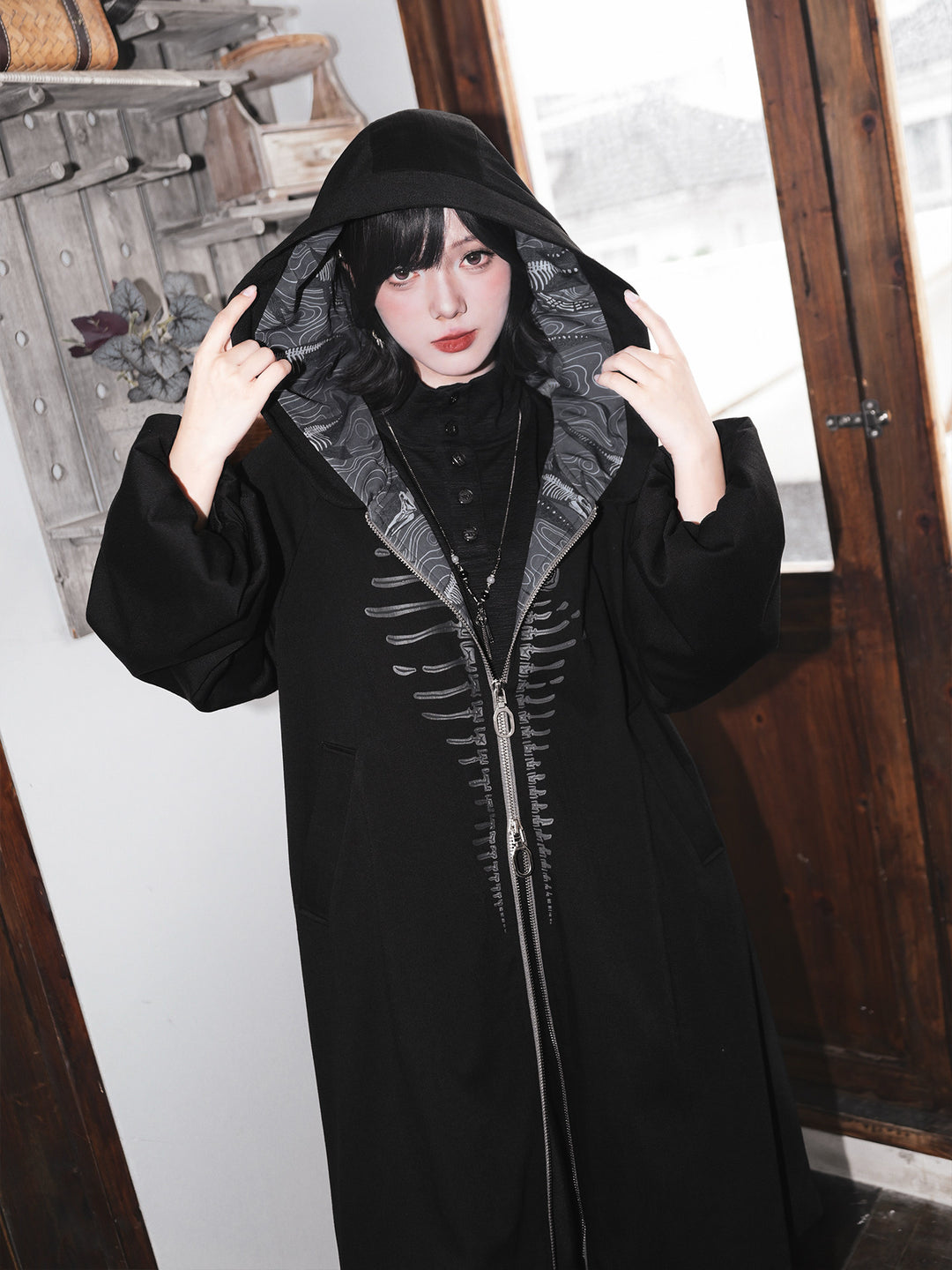 Black Raised Whale Skeleton Hooded Longline Jacket