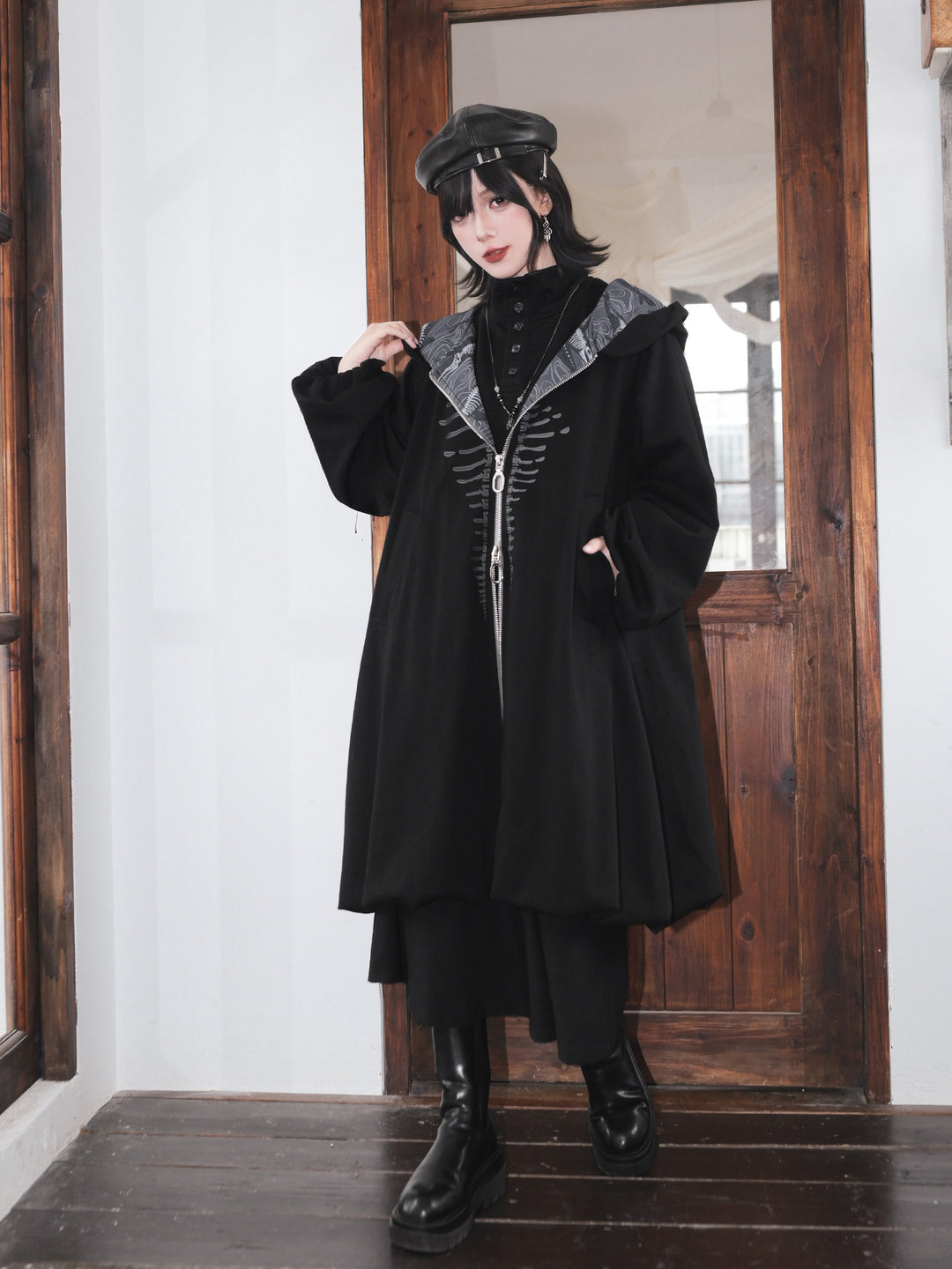 Black Raised Whale Skeleton Hooded Longline Jacket