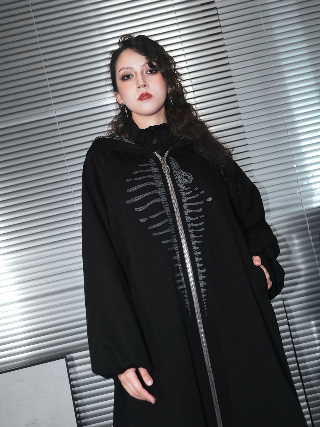 Black Raised Whale Skeleton Hooded Longline Jacket