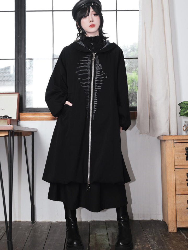 Black Raised Whale Skeleton Hooded Longline Jacket