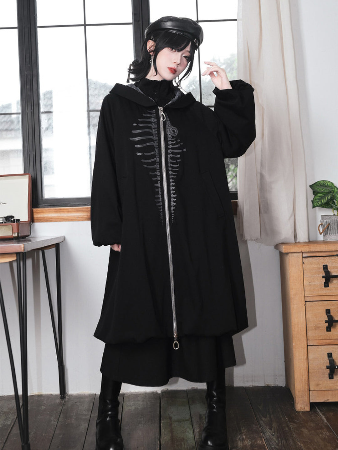 Black Raised Whale Skeleton Hooded Longline Jacket