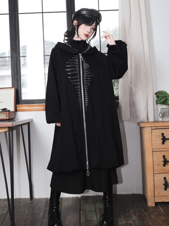 Black Raised Whale Skeleton Hooded Longline Jacket