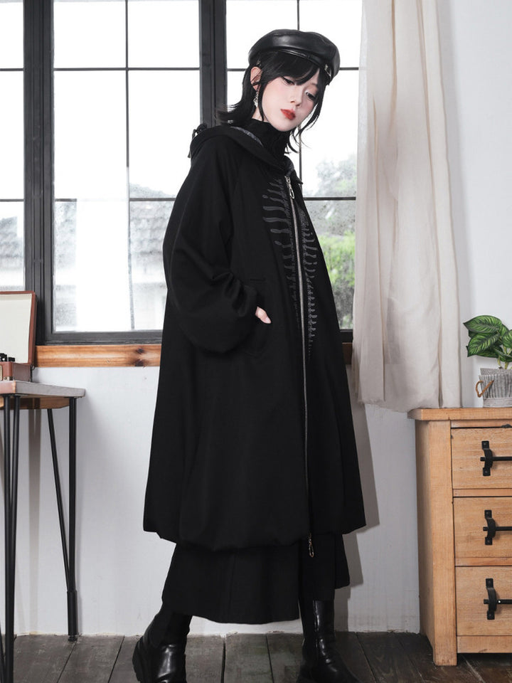 Black Raised Whale Skeleton Hooded Longline Jacket