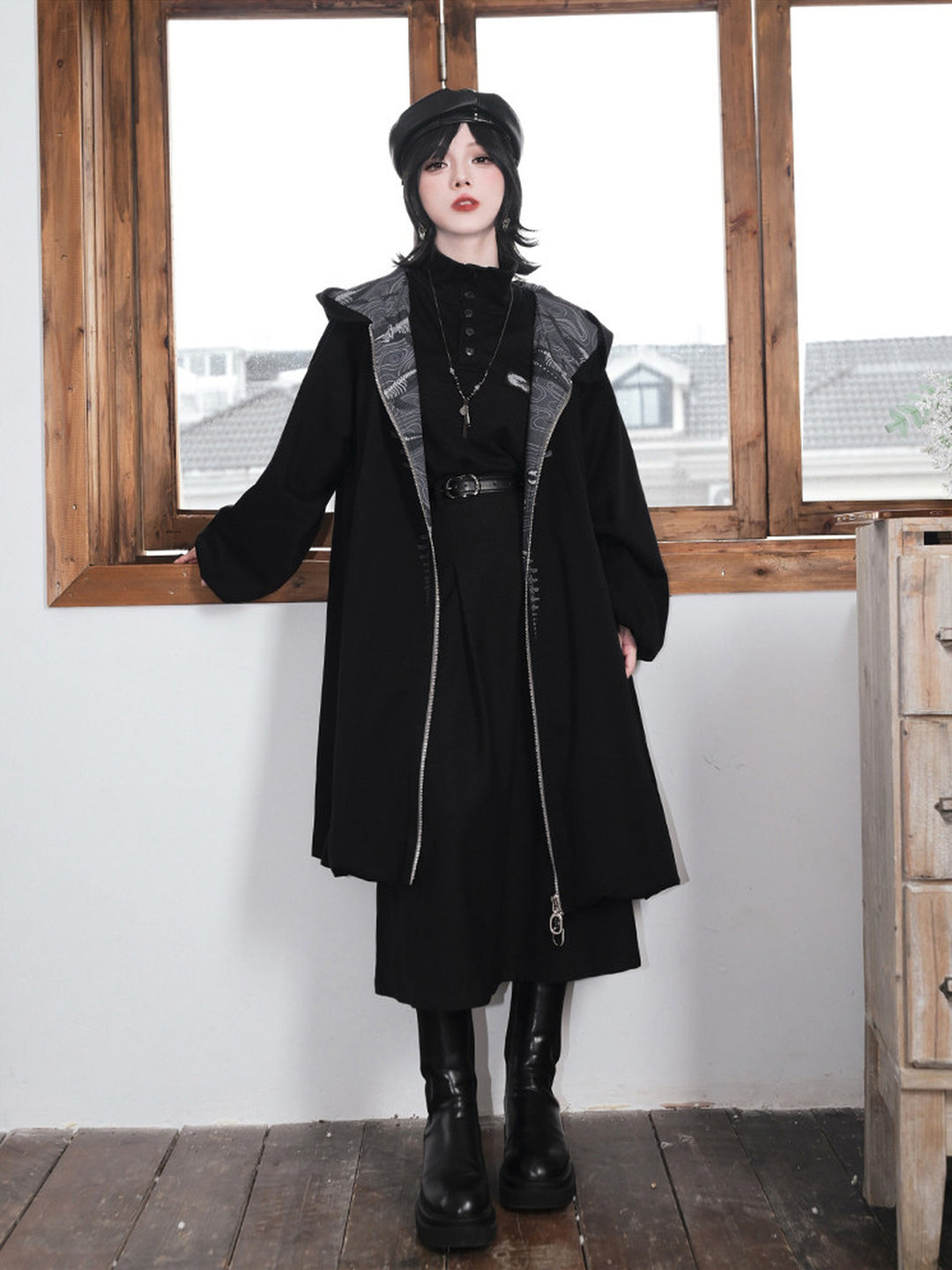 Black Raised Whale Skeleton Hooded Longline Jacket