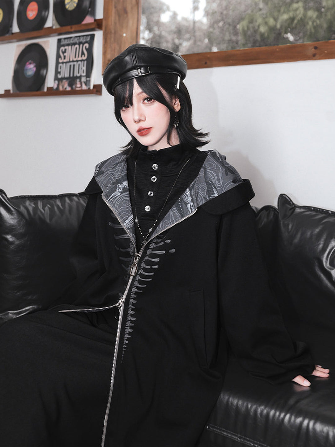 Black Raised Whale Skeleton Hooded Longline Jacket