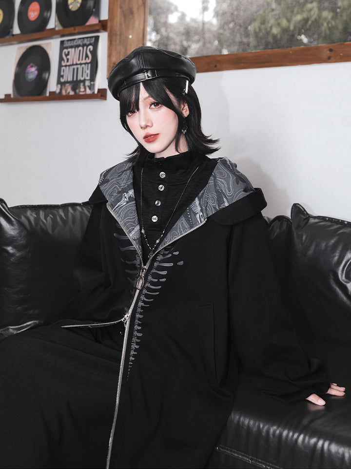 Black Raised Whale Skeleton Hooded Longline Jacket
